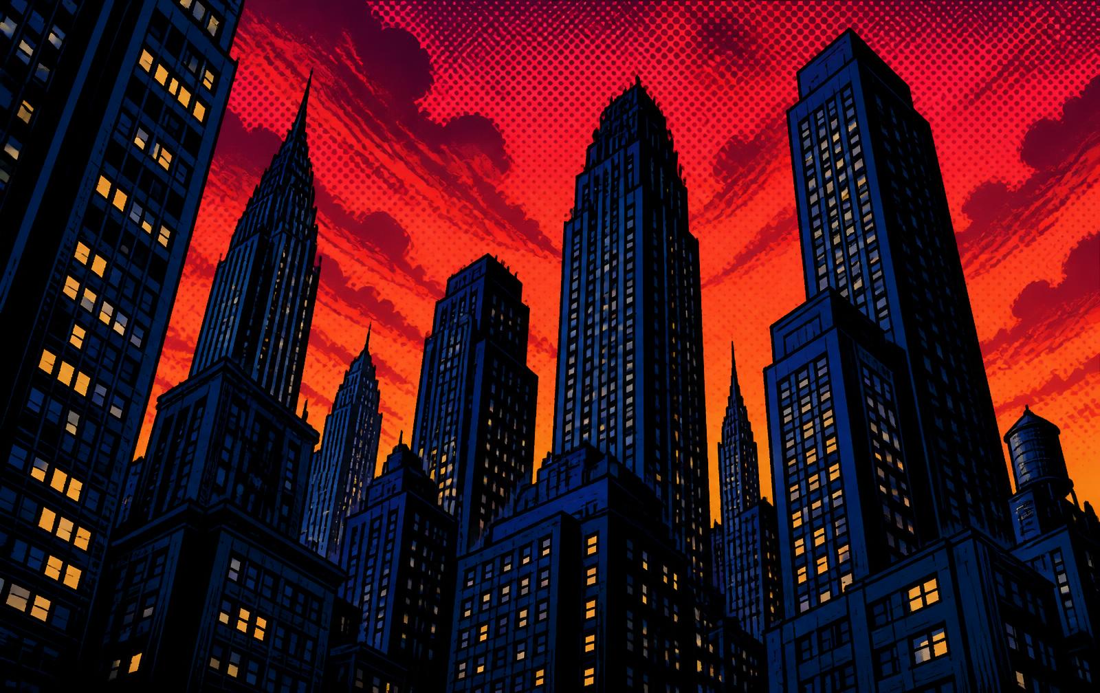 Comic-style city skyline at dusk